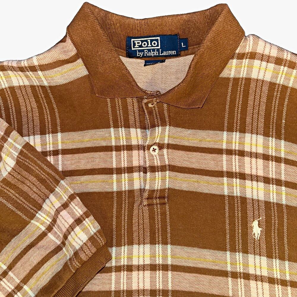 Vintage Polo Ralph Lauren Shirt Mens Large L Plaid Pique Brown White Made In USA